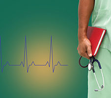 Close up unknown nurse and stethoscope on green background