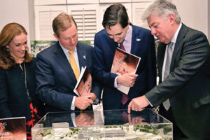 L-r: NMH Master Dr Rhona Mahony; Taoiseach Enda Kenny; Minister Simon Harris; and SVHG Chairman James Menton, inspecting a model of the campus