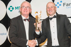 Prof Cillian Twomey (left) receiving the Lifetime Achievement Award at the Irish Healthcare Awards 2016 last week at the Shelbourne Hotel, Dublin from Michael Cooper, Commercial Operations Manager, Daiichi-Sankyo Ireland