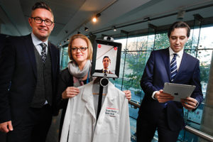 Pictured (l-r) at the Health Innovation Showcase in the Trinity Science Gallery last week were: Richard Corbridge, HSE CIO and eHealth Ireland; Sarah Reade, Project Innovation and Delivery Manager, Tallaght Hospital; and Minister for Health Simon Harris, with ‘Lucy’, the remote telepresence doctor
