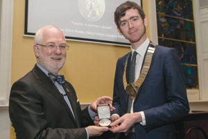 Prof Patrick Plunkett (left) pictured receiving his 2016 Doolin Medal from IMO President Dr John Duddy last weekend at the RCSI