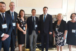 Pictured after the Seanad committee hearing were (l-r): Paul Laffin, BMA EU Policy Manager; 
Dr John Woods, Chair, BMA Northern Ireland Council; Bernadette Maginnis, Senior public affairs advisor, BMA NI; Prof Trevor Duffy, IMO; Senator Neale Richmond, Chair, Seanad Special Select Committee on the Withdrawal of the UK from the EU Membership; Dr Ann Hogan, IMO President; and Vanessa Hetherington, Assistant Director, Policy and International Affairs, IMO